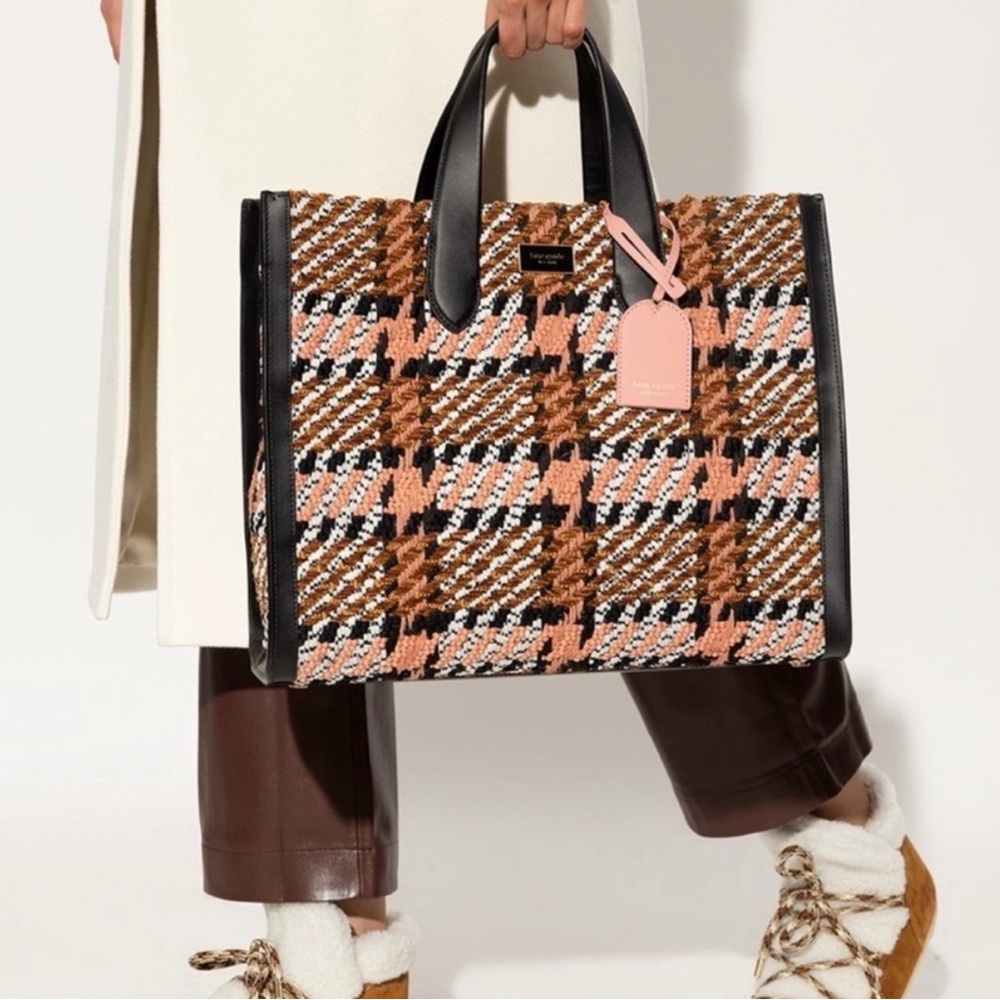 Kate Spade LARGE Plaid Manhattan Tote Bag - Pink and Brown